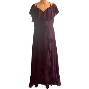 VNAIX Burgundy Full Length Bridesmaid Ruffle Dress Thin Straps and Corset Back